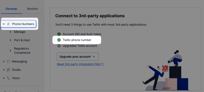 Image of the Twilio account screen on the Phone Numbers tab