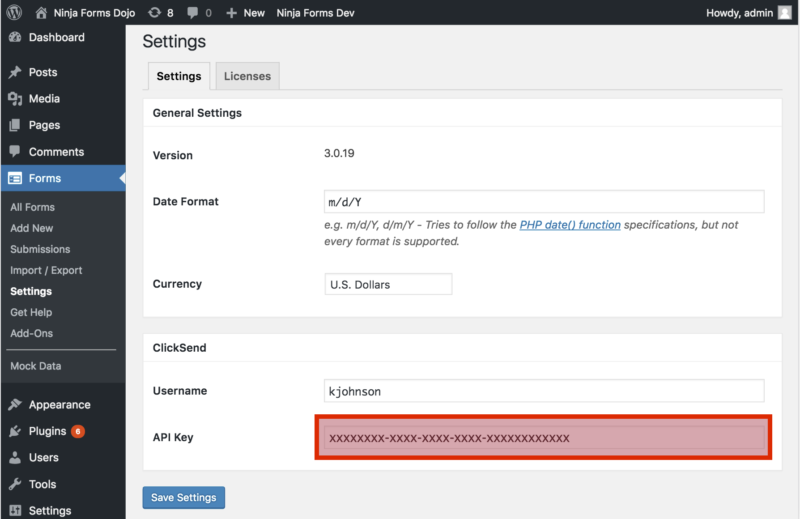 image of the Ninja Forms settings with username and api fields highlighted