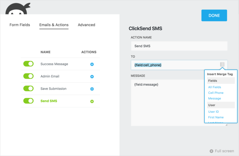 image of the click send action settings window