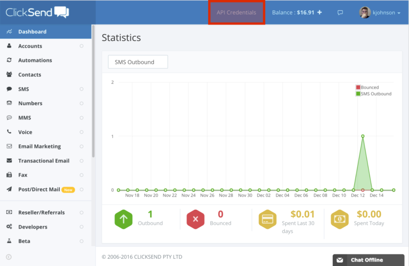 image of the click send account dashboard with api credentials tab highlighted