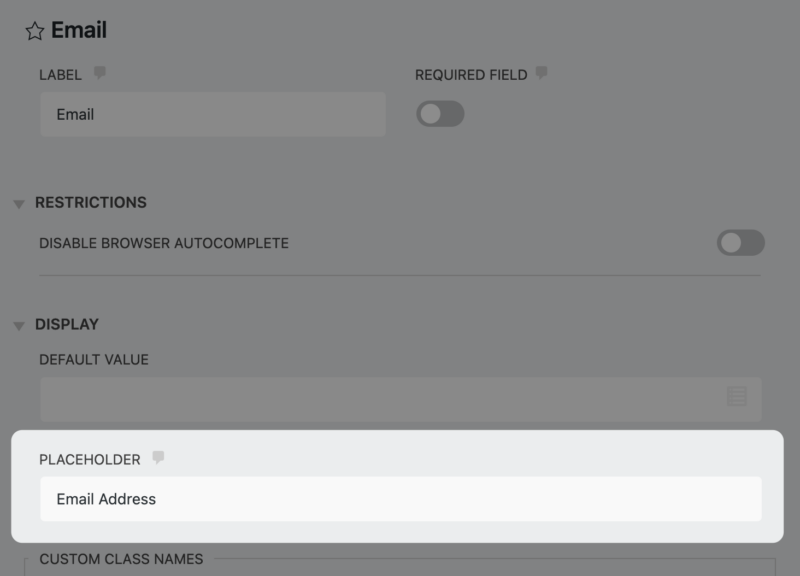 Email field placeholder for Single-Line form