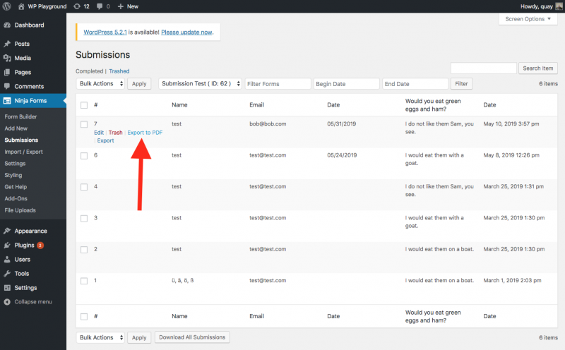 Export to PDF option under the submissions