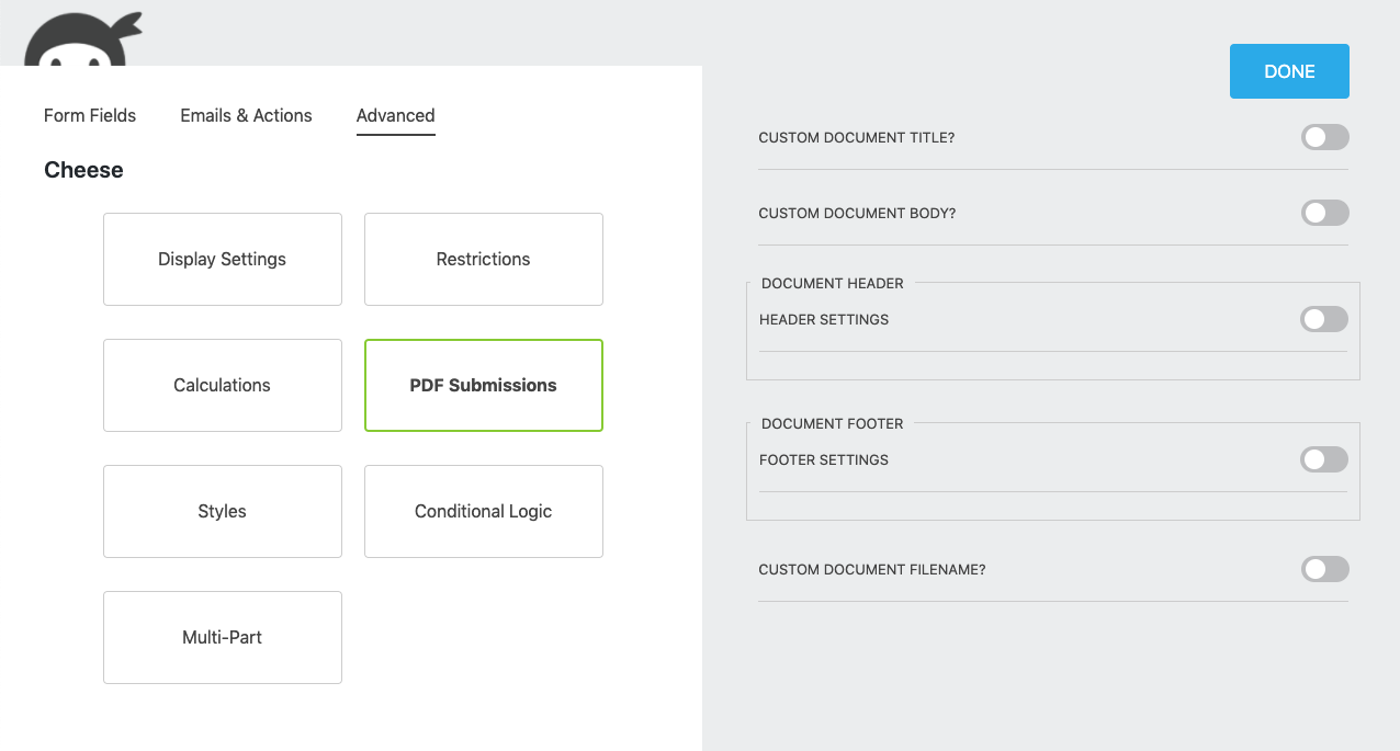 PDF action selection under the Advanced tab of the Ninja Forms builder