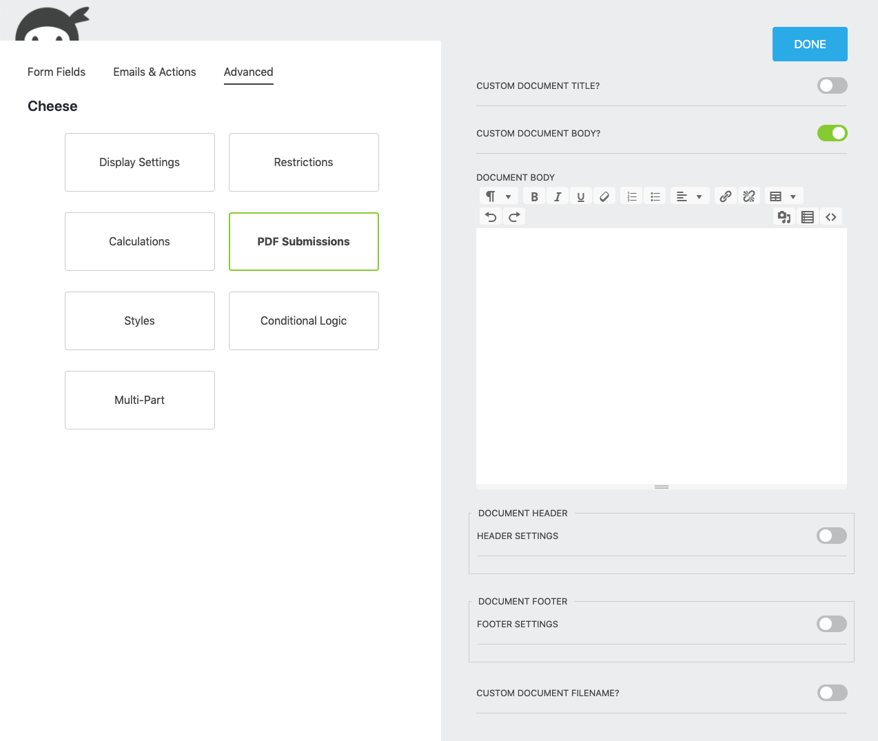 pdf body customization editor in the pdf action