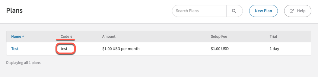 image of the code column in recurly account, Plans view