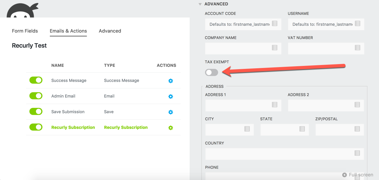 image of recurly action settings with Tax Exempt toggle highlighted