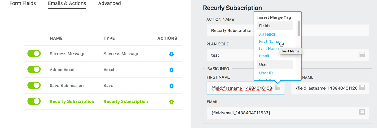 image of merge tag selection option in recurly action settings window