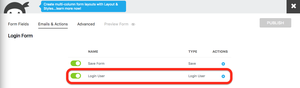 user managment login user action under the emails and actions tab