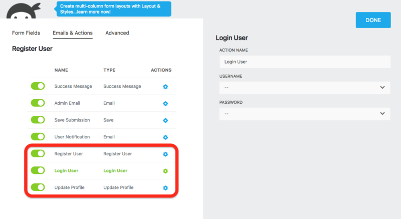 new actions for user management: register user, login user, update profile
