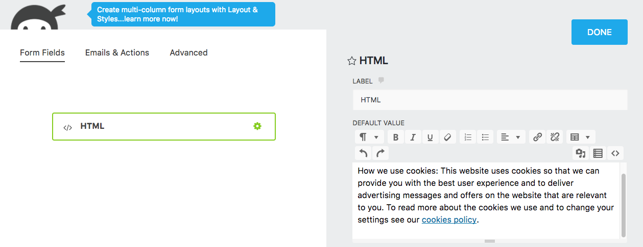 eu cookie notices: informed consent notice in the HTML field of a ninja form