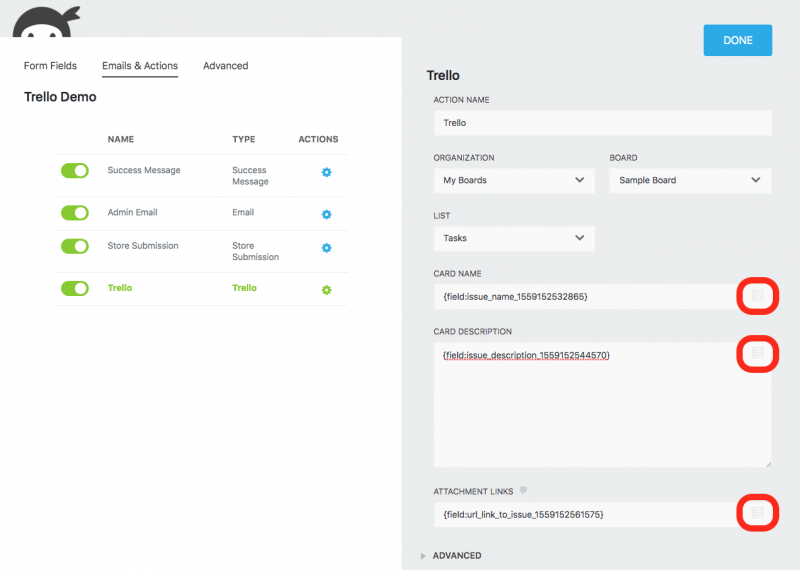 Filling out the Trello action with form values