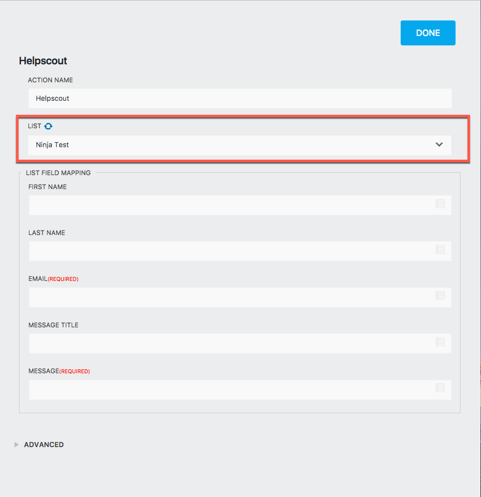 image of the help scout action settings window with List options highlighted
