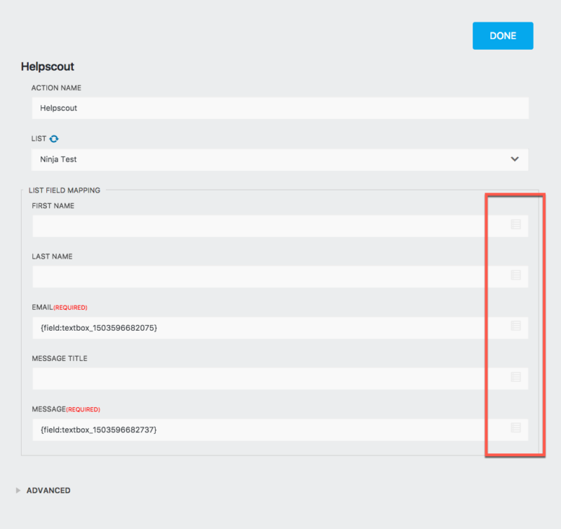 image of the help scout action settings window with merge tag options highlighted