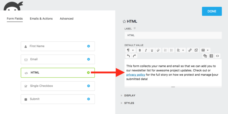 gdpr compliance using an html field