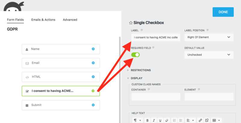 gdpr compliance via checkbox field
