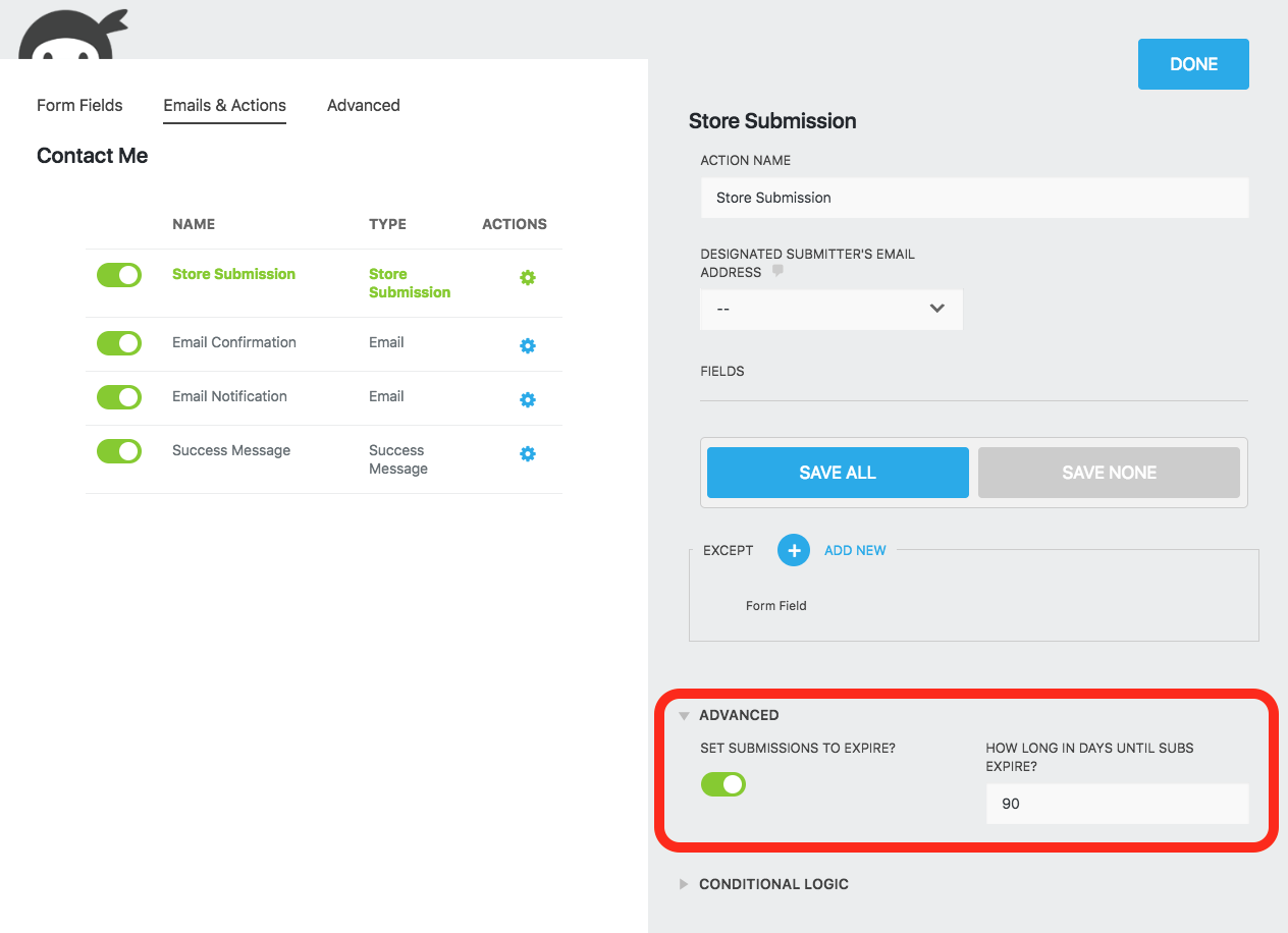 Advanced Store Submission setting that allows you to set when submissions expire. 