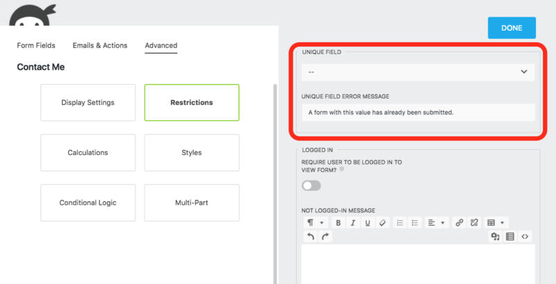 Unique field setting to limit for submission by user or field