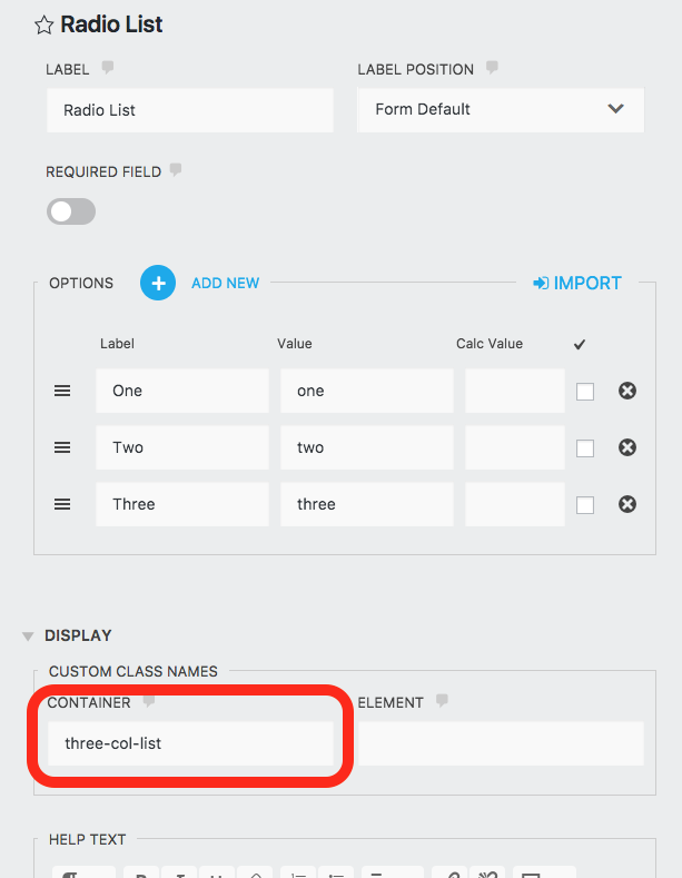 column styling list fields class name entry