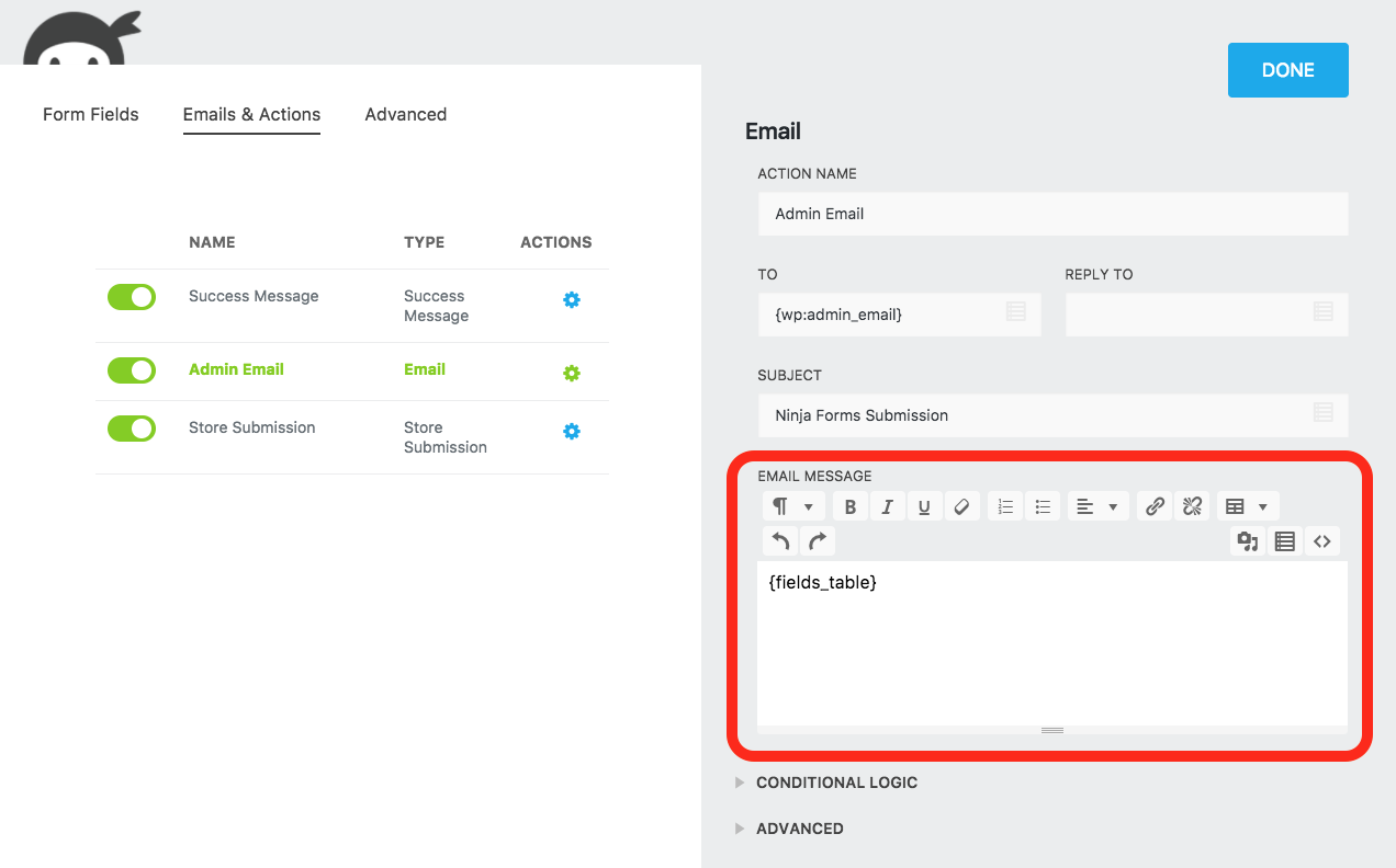 summernote in ninja forms email