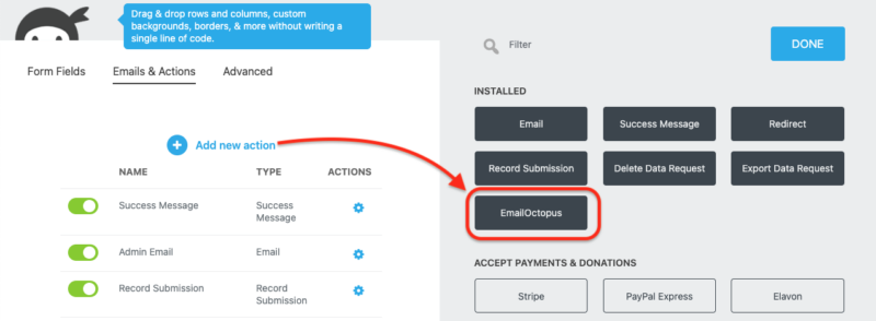 email octopus action in the ninja forms add new action window