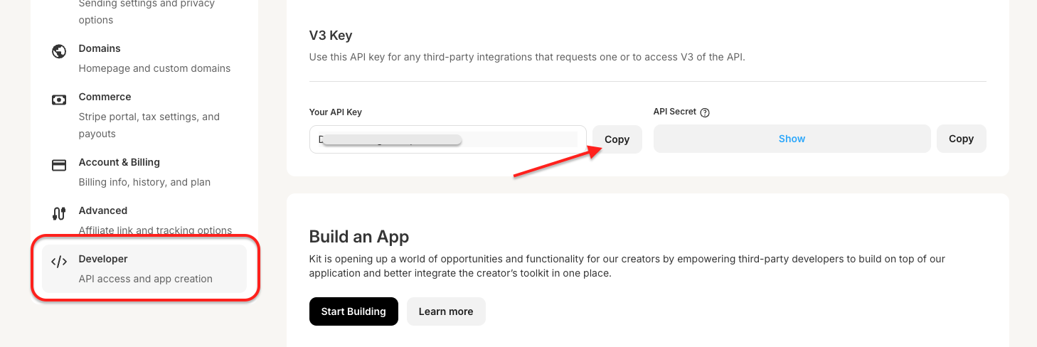 retrieving Kit API key from Kit account