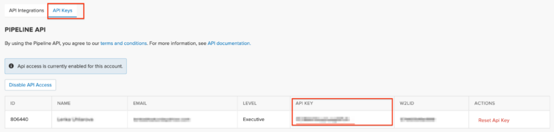 setting up api keys for pipeline crm