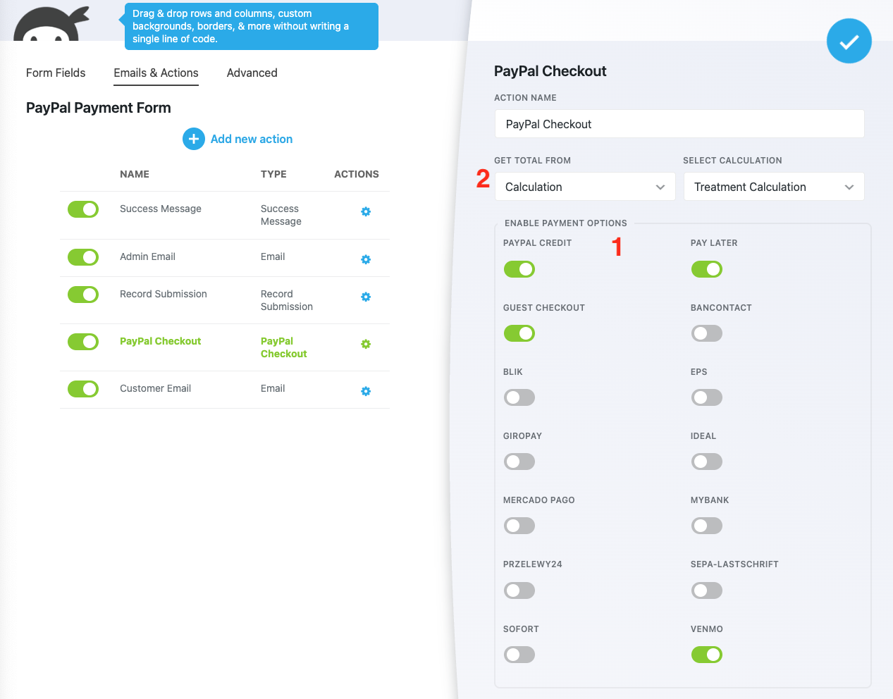 image of the paypal action settings. a 1 has been annotated over the payment options section, and and 2 annotated over the "Get Total From" setting.