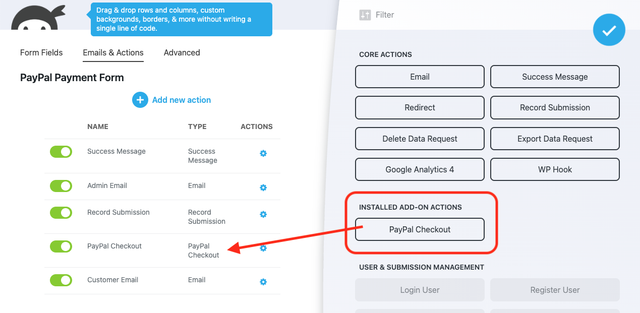 image of the paypal checkout add-on action present in the actions tray of the ninja forms builder