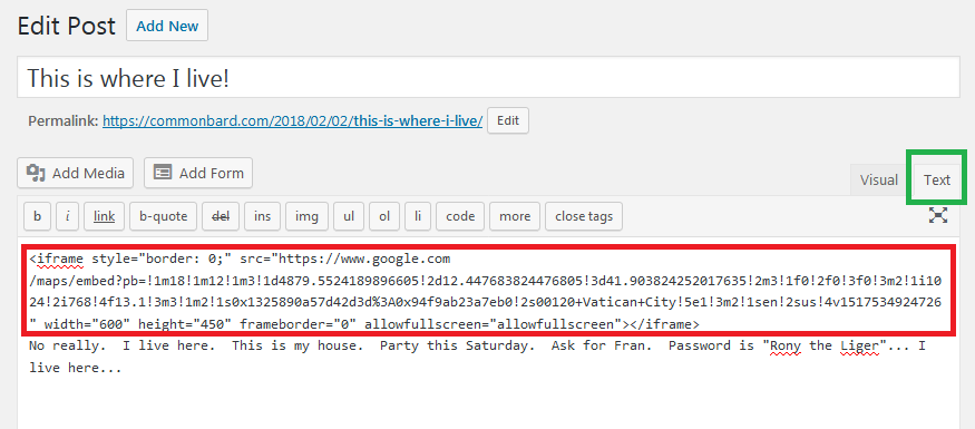 pasting location code into the WordPress post editor