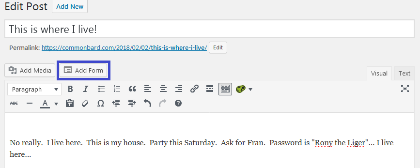 adding a Ninja Form in the WordPress post editor