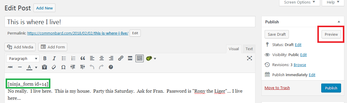 placing Ninja Forms with google maps into the WordPress post editor
