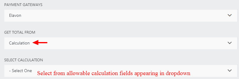 elavon action settings window, getting total from calculated amount