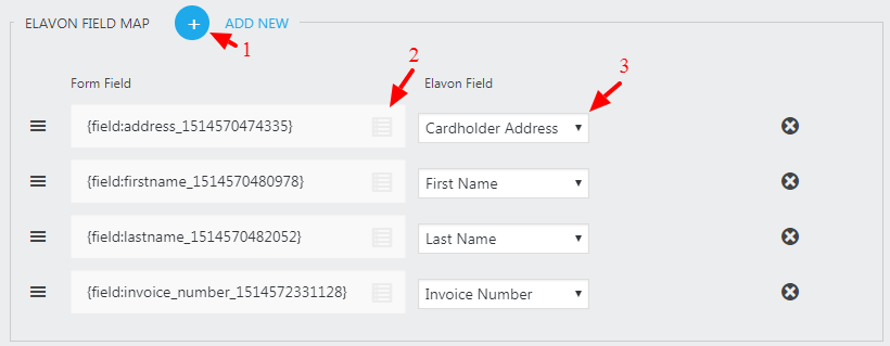 elavon action settings window, elavon field map options highlighted
