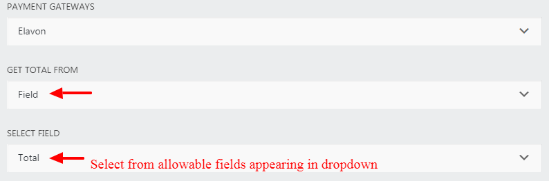 elavon action settings window, getting total from a form field