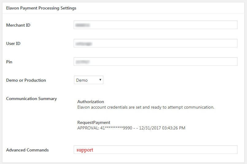 image of the elavon account screen, Elavon Settings Advanced Command Support 1