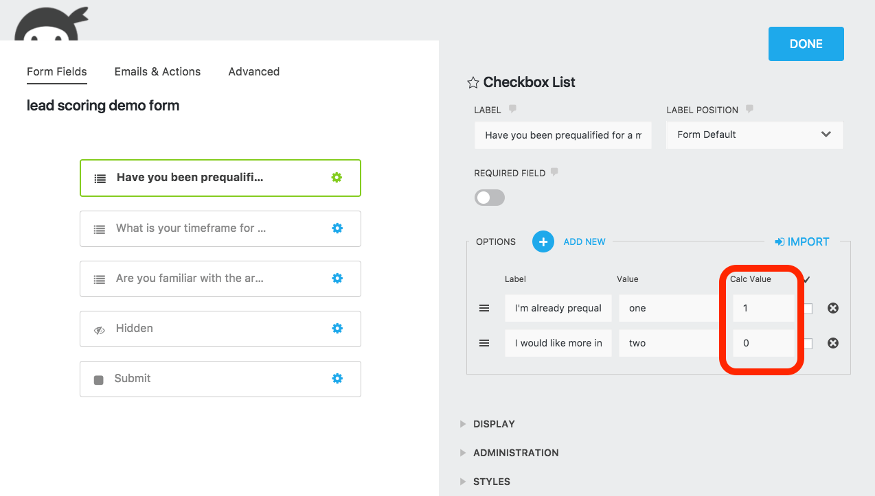 scoring field options