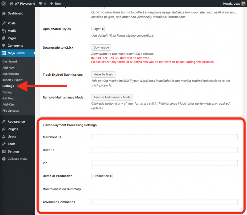 image of Elavon payment processing settings in WordPress under Ninja Forms, Settings