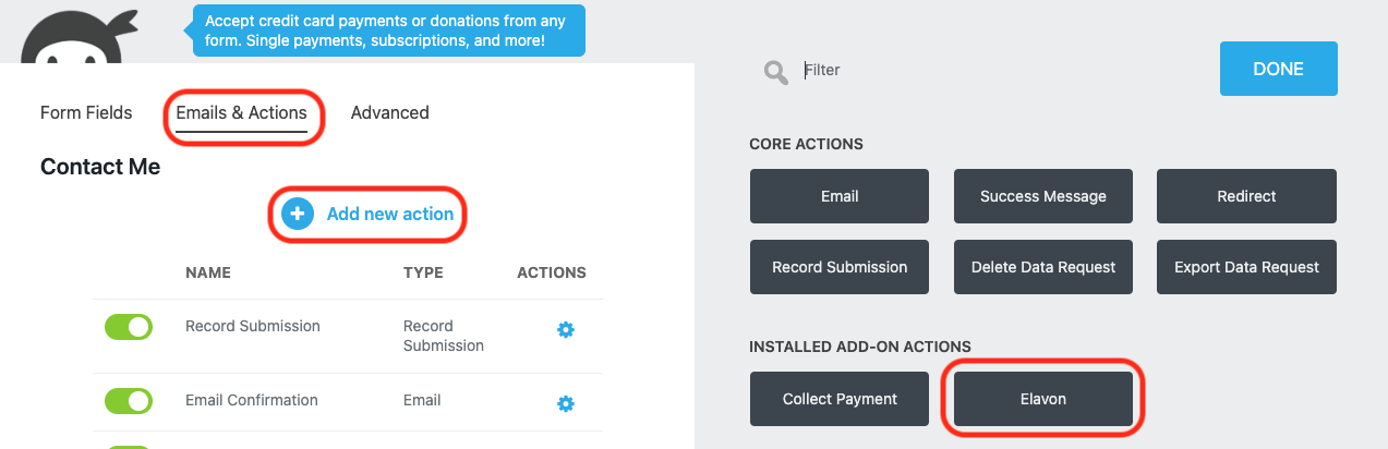 image of the Emails and Actions tab of the form builder with Add New action and the elavon action highlighted within the actions window