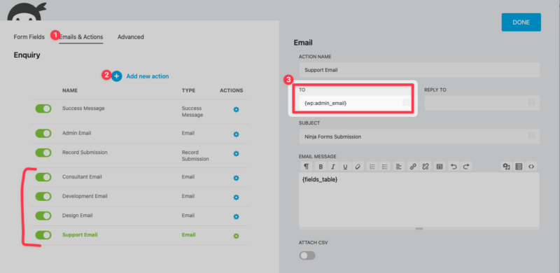 Configuring the Ninja Forms email action for notifications