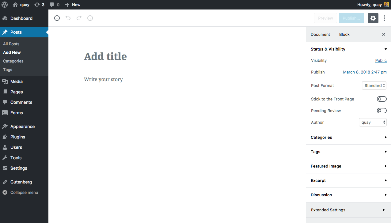 gutenberg editor new post view