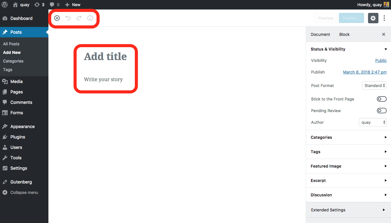 gutenberg block add block edit block view on new post