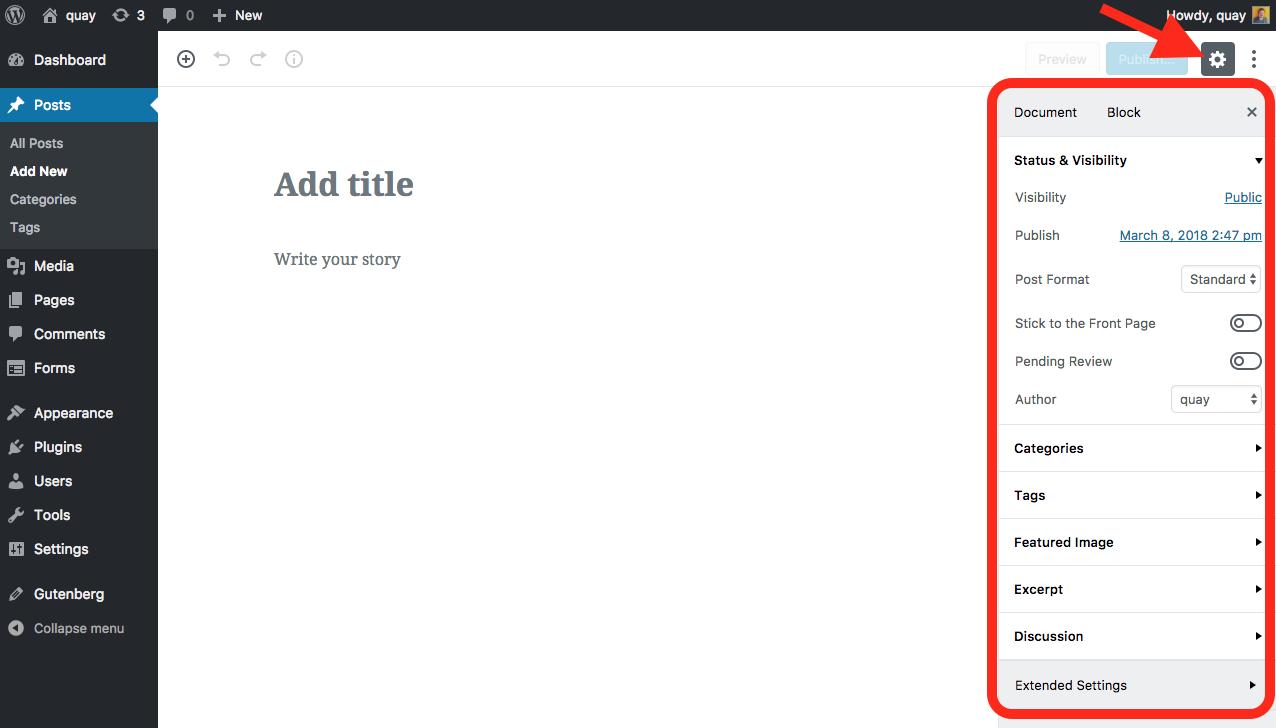 gutenberg editor settings sidebar