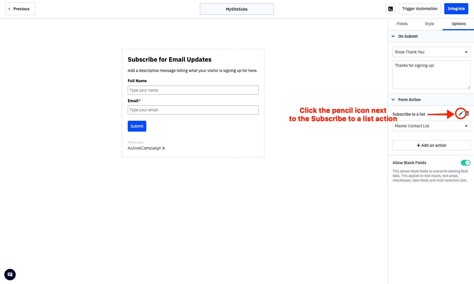 ActiveCampaign new form options