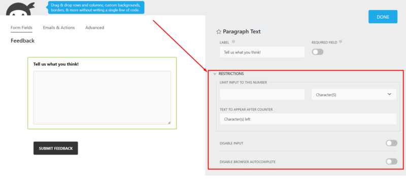How to limit number of characters for the paragraph form field