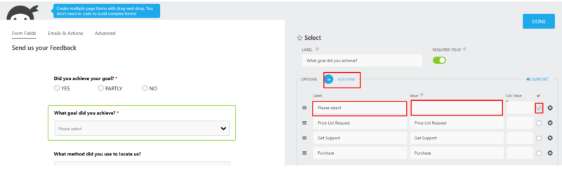 How to set the select field