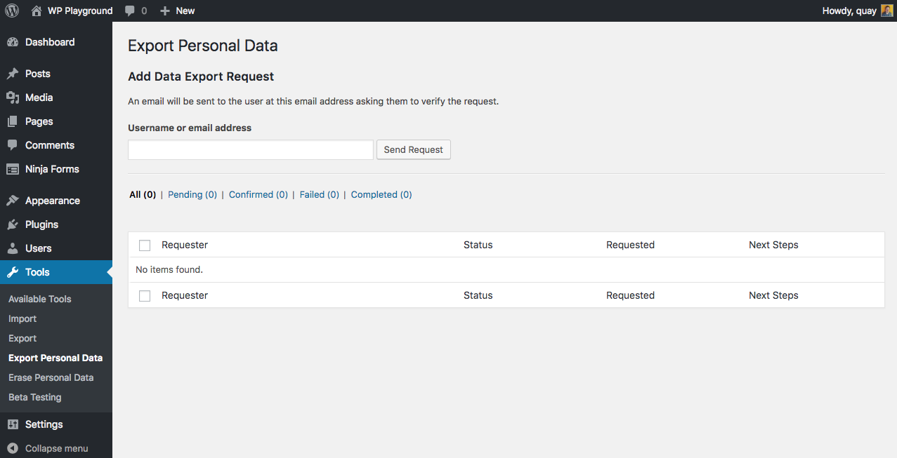 Export Personal Data. Found in WordPress > Tool > Export Personal Data