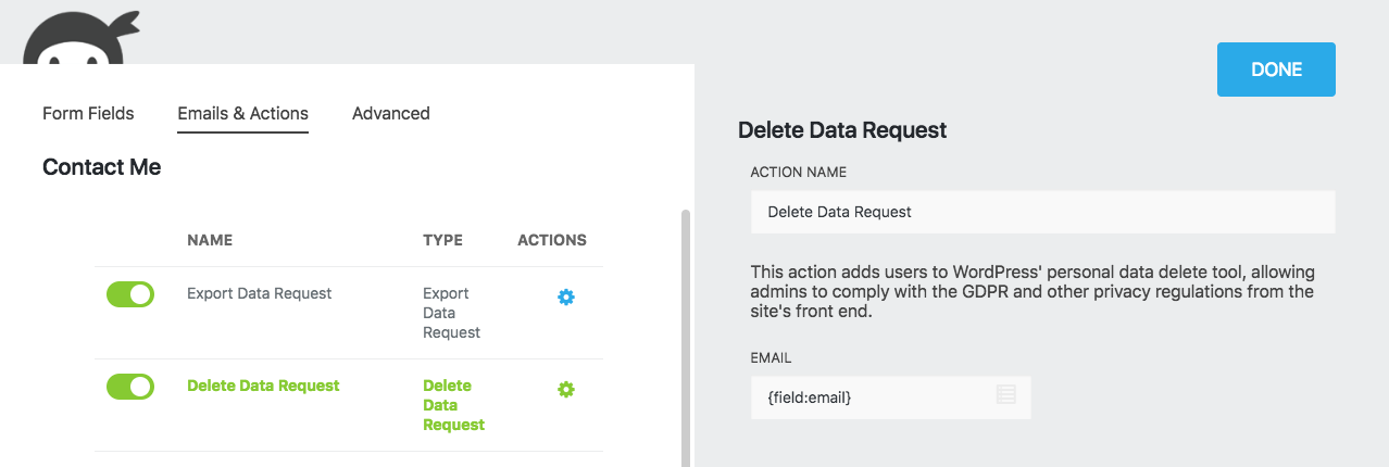 Delete Data Request action