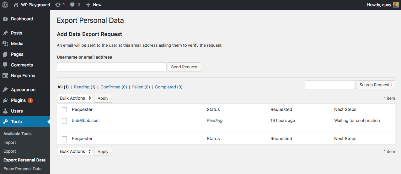 Export personal data request view