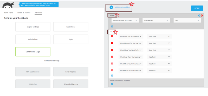 Set the conditional logic settings for YES