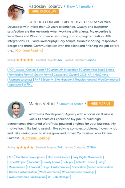 codeable dev bio with skillset for custom development in wordpress